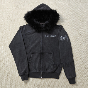 Custom Embroidery Heavy Weight Oversized Cotton French Terry Stone Washed Zip up Detachable Faux Fur Zipper <b>Hoodies</b> for Men - Product Image 1