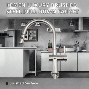 Robinet de cuisine Kemen de haute qualité, design moderne et luxueux, en acier inoxydable 304 brossé, à poignée unique, à montage sur pont, avec douchette en céramique - Product Image 2