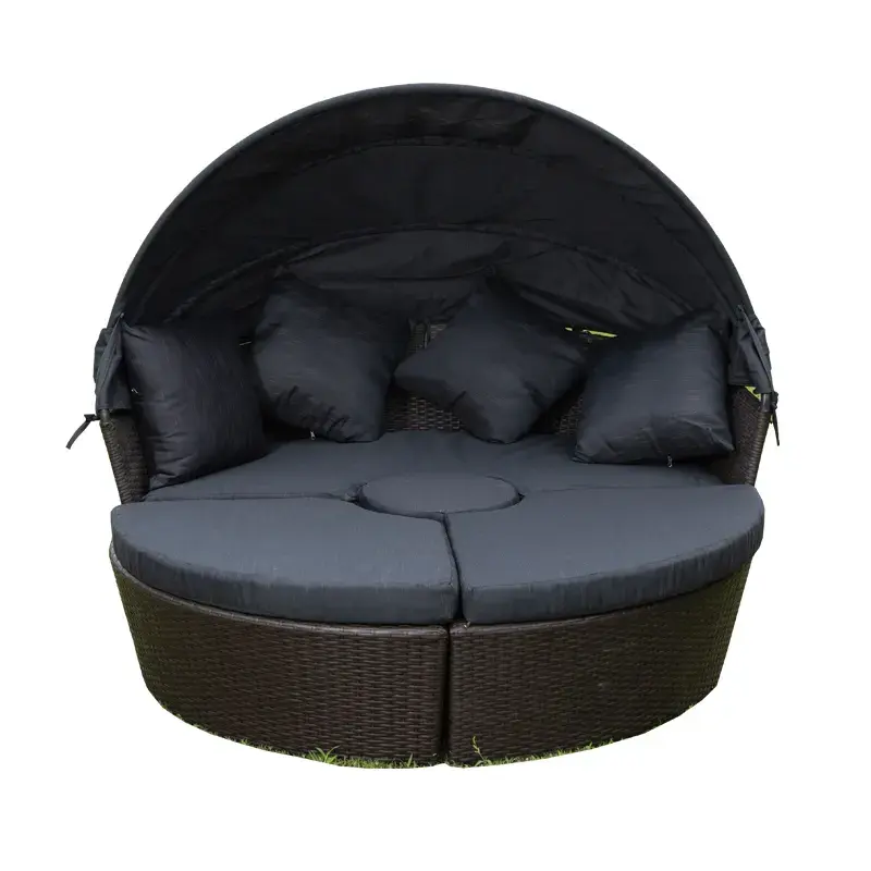 أريكة سوداء منسوجة من الخيزران لحديقة خارجية أريكة سرير عشب مع ظل قابلة للطي جودة عالية