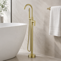 Robinet de baignoire autoportant en laiton doré brossé avec douchette à main et bec orientable pour salle de bain
