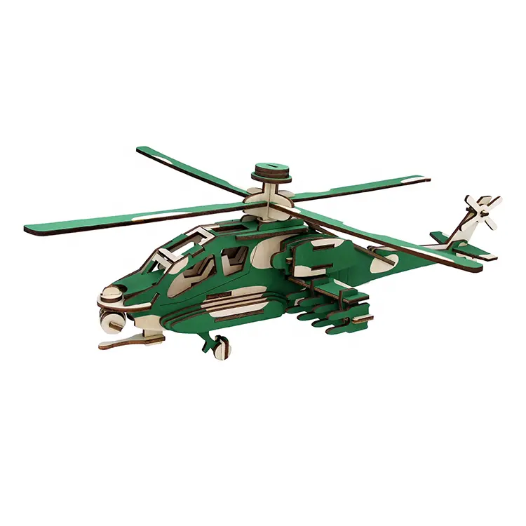 Green Apache Military Armed Helicopter Children Assembly Wood Crafts 3D DIY Teenage Warfare Helicopter Model Wooden Puzzle