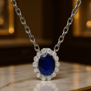 Collar con Colgante E541, Plata 925, Zafiro Ovalado, Halo de Diamantes, Joyería Clásica para Mujer, Cadena de Eslabones para Boda - Product Image 2