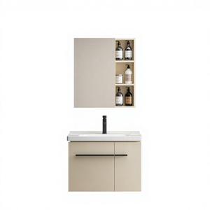 Moderno y Sencillo <span class=keywords><strong>Lavabo</strong></span> Color Crema con Combinación Integrada de <span class=keywords><strong>Lavabo</strong></span> de Cerámica, Espejo Inteligente y Mueble de Baño de Aluminio Montado en la Pared - Product Image 2