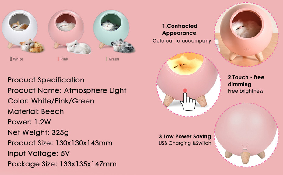 Cat House Night Light Touch Dimming LED Mini Cat Lamps Kids Bedroom Christmas Decor Holiday Gift