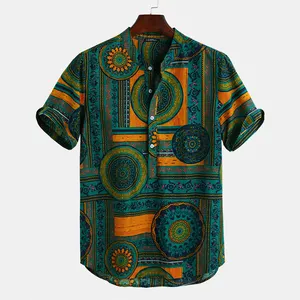 Mannen Shirt Etnische Stijl Print Korte Mouw Stand Kraag Camisa Masculina Casual Tops Streetwear Mannen Hawaiian Shirts