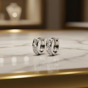 Orecchini a Cerchio in Oro Bianco, Argento 925 Placcato Rodio, Cristalli e Strass con Incastonatura a Canale, Gioielli Unisex Classici per Uso Quotidiano - Product Image 2