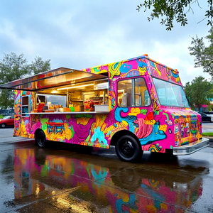 Food Truck Motorisé Style Classique Vintage Coloré 3,2 m avec Corps en Acier, Plaque de Cuisson Intégrée et Double Essieu Tandem pour Utilisation Extérieure - Product Image 1
