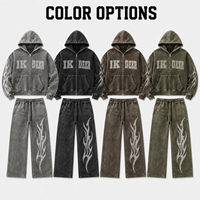 Ensemble survêtement IKDEER personnalisé vintage délavé avec sweat à capuche zippé et pantalon large imprimé flamme pour tenues quotidiennes streetwear et hip-hop