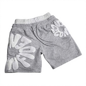 Men s Gray Cotton Shorts With White Letter Applique Drawstring Waist Casual Knitted Breathable Mid Waist Streetwear Style - Product Image 1