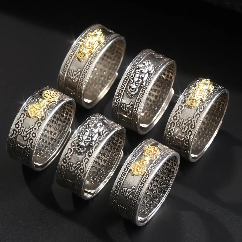 sterling silver Pixiu Six Words Feng shui Lucky Finger couple Ring lucky pixiu wealth and protection Rings For Women Men