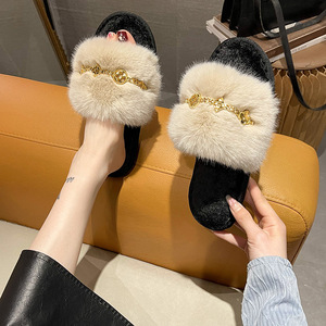 Pantofole da Donna Moda Autunno Inverno <span class=keywords><strong>con</strong></span> Tacco Piatto, Nuova Catena Metallica, Pelliccia Grande, Suola in TPR - Product Image 1