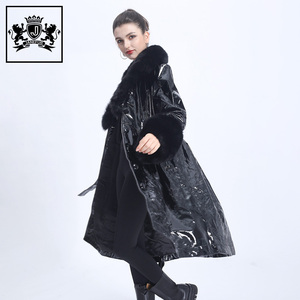Janedur giacca di vera <span class=keywords><strong>pelle</strong></span> personalizzata in vera <span class=keywords><strong>pelle</strong></span> <span class=keywords><strong>trench</strong></span> invernale alla moda da donna alla moda con collo di volpe lungo in <span class=keywords><strong>pelle</strong></span> - Product Image 1