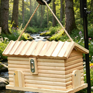 Nichoir en bois pour oiseaux de jardin, style <span class=keywords><strong>cabane</strong></span> en rondins, à suspendre, pour pinsons sauvages, en paulownia naturelle, mangeoire décorative - Product Image 6