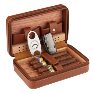 high quality modern safe leather cigar holder travel case wood cigar humidor with lighter custom