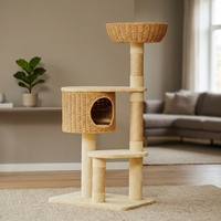 Arbre à chat moderne en bois massif avec 4+ niveaux, hauteur 155 cm, assemblage facile, emballé en carton pour plusieurs chats