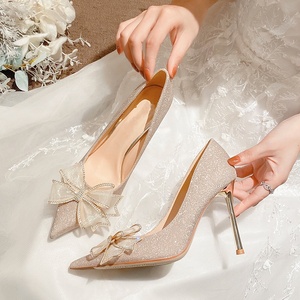 Wholesale Satin Slip-On Summer Point Toe Silver D'Orsay Pumps Bridal <b>Shoes</b> for Women High Heel Bridesmaid - Product Image 4