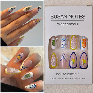 24 faux ongles à presser style méditerranéen, forme amande moyenne, avec imprimé citron, poisson et fleurs, pour femmes, pour les <span class=keywords><strong>vacances</strong></span> d'été et le quotidien - Product Image 3