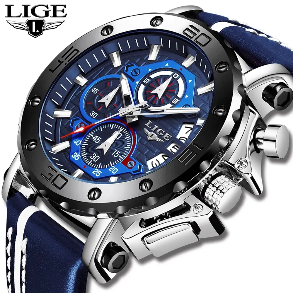 Lige 9996 New arrival blue Chinese man quartz watch leather strap water proof Chronograph calendar sports wrist watch