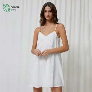 夏季纯色睡裙白色纯棉平纹无袖女式露背睡裙