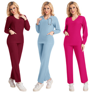 V-neck Long Sleeve Scrub <b>Set</b> Women Moisture Wicking Breathable <b>Knitted</b> Full Sleeve Workwear For Salon Pet Hospital - Product Image 4