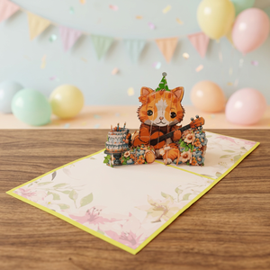 Carte pop-up 3D Joyeux Anniversaire Chat Guitare, artisanale, en papier vietnamien, design personnalisé, décoration de maison pour Thanksgiving, meilleures ventes - Product Image 2