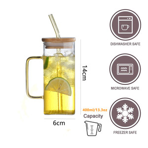 400ml 13oz chiaro rosa verde maniglia tazze fredde chiaro quadrati boccale di birra in vetro borosilicato con coperchi di bambù e paglia - Product Image 4