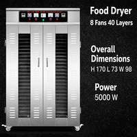 Déshydrateur alimentaire grande capacité 40 plateaux, 8 ventilateurs, flux d'air uniforme, pour viande séchée, poisson, fruits de mer, légumes, viande, 5000W