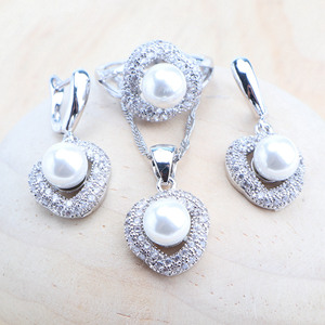 ชุดเครื่องประดับไข่มุก925เงินสำหรับผู้หญิงชุดเครื่องประดับสำหรับงานแต่งงานต่างหูเพทายลูกบาศก์เพทายสีขาวชุดสร้อยคอจี้ - Product Image 3