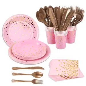 Розовые, золотые, розовые, черные товары для вечеринок, бумажные тарелки, чашки, набор, золотая, металлическая фольга, точечные десертные тарелки, бумажные тарелки
