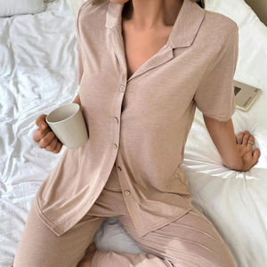 Pigiama in cotone con colletto dentato estivo personalizzato pigiama da donna a manica corta in bambù set da donna - Product Image 1