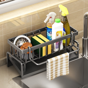 Distributeur de savon en acier inoxydable NFS Cisily, anti-rouille, organisateur de l'évier de cuisine, porte-brosse haute, rangement pour éponge noir - Product Image 1