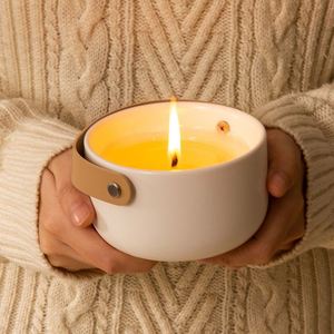 Custom Logo Holiday Ceramic <b>Candle</b> Jar with Bamboo Lid Leather Handle <b>Bulk</b> Wholesale for Christmas Thanksgiving Wedding Favor - Product Image 1