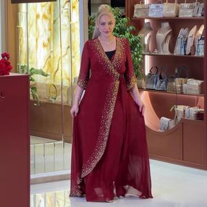 فستان نسائي مسلم من الشيفون المزين بالألماس مع فستان داخلي وعباءة كارديجان للحفلات - Product Image 2