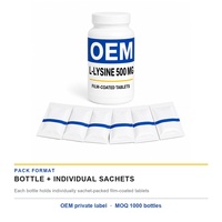 Fabricant OEM de comprimés de chlorhydrate de L-lysine 500 mg sous film, conditionnés en sachet et en bouteille, marque privée, MOQ 1000 bouteilles