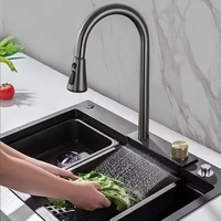 Évier de cuisine moderne noir à cuve unique avec robinet, design cascade multifonction, en acier inoxydable 304 monobloc