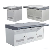 Console de salle de contrôle industrielle avec 3 armoires de rangement verrouillables, base de rack de serveur ventilée et trous de gestion des câbles