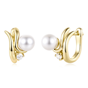 Classic 18K Gold Plated <b>Huggie</b> Earrings With Imitation Pearl And Round Brilliant Cut Diamond For Women Wedding Jewelry - Product Image 1