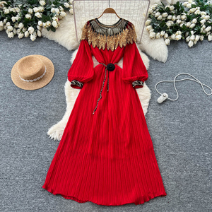 Vestido Maxi Plisado de Verano con Cuello Redondo y Estilo Romano para Mujer, Tallas Grandes, con Cuentas y Lentejuelas - Product Image 1