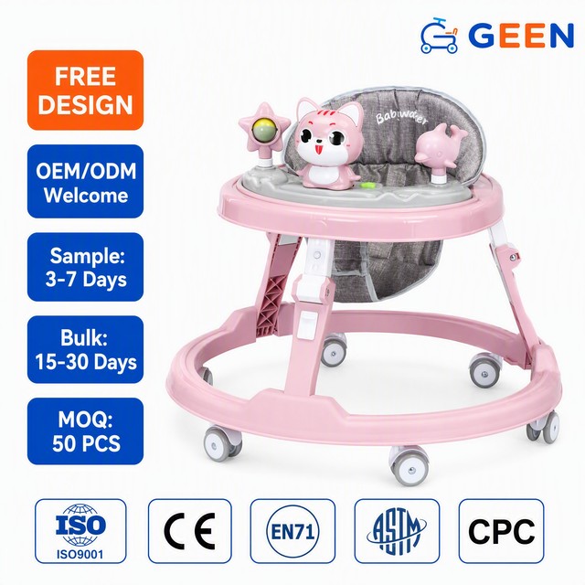 Foldable Anti-Rollover Baby Walker Adjustable Height Anti Pinch Leg Toddler Activity Center with Musical Cat Toy Silent Wheels