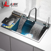 Évier de cuisine moderne intelligent noir brossé avec robinet cascade, évier en acier inoxydable fait main avec poubelle intégrée