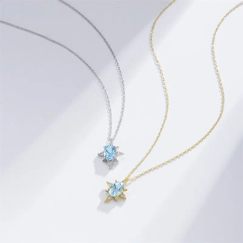 Ladies Simple Luxury 925 Silver Blue Gemstone Eight-Pointed Star Pendent Necklace