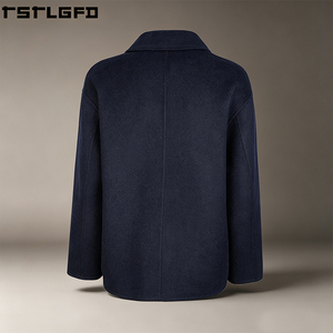 Manteau en mélange de laine personnalisé pour homme, bleu marine, col ouvert, quatre poches, coupe-vent, streetwear, vêtements d'extérieur, fabricants en gros - Product Image 2