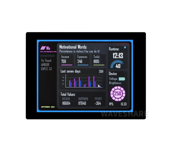 ESP32-S3 Development Board 2.41 Inch AMOLED Touch Display 600x450 32-Bit LX7 Dual-Core Processor No Shell Included E-Paper
