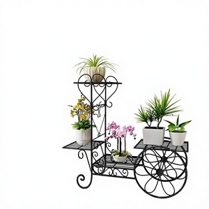 Vintage <b>Metal</b> <b>Flower</b> <b>Stand</b> With Wheels For Indoor Plants And <b>Flowers</b> Rustic Design Powder Coated Finish - Product Image 1