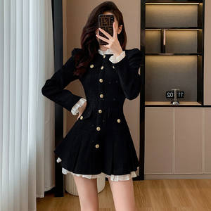 Abito Mini a Linea A con Colletto a Volant, Maniche Lunghe e Vita Stretta per Donna, <span class=keywords><strong>Vestito</strong></span> <span class=keywords><strong>Nero</strong></span> di Lusso Francese per Autunno e Inverno - Product Image 1