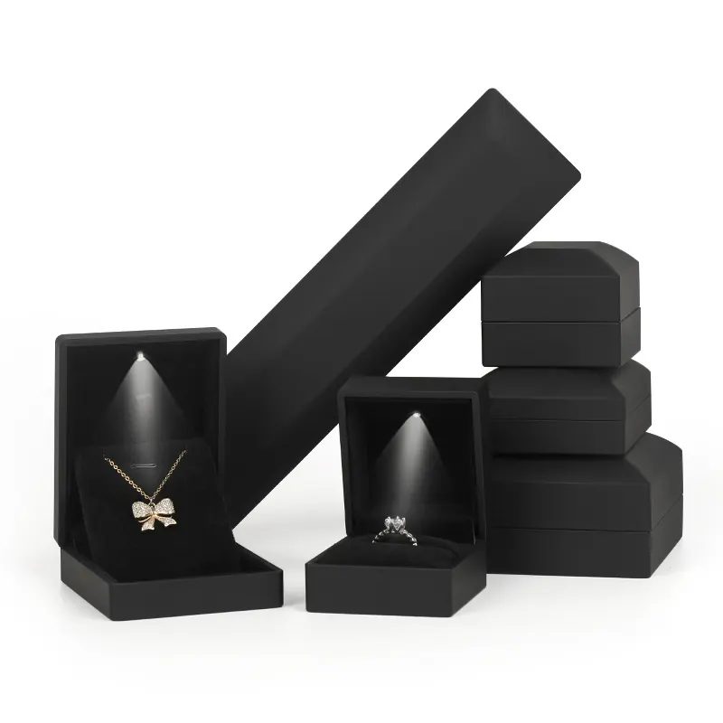 Caixa de joias com laca preta, logotipo de luxo, carimbo de ouro, caixa de joias com diamantes e luzes, caixa de joias personalizada com luzes