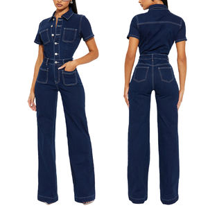 Women's Loose Casual Short-sleeved Pocket Slim-fit Denim Jumpsuit Wide-leg <b>Pants</b> Fashion - Product Image 2