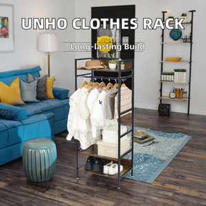 Riel de ropa industrial de 3 niveles de alta resistencia, concepto abierto, Perchero de madera con estante de almacenamiento de tela para sala de estar, perchero - Product Image 3