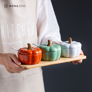 MONAZONE Pumpkin Ceramics Spice Jar Salt Sugar Storage Container With Spoon Kitchen Spice Bottles Jars Organizer Kitchen Tools