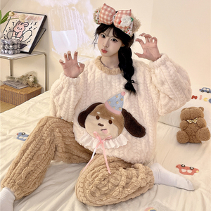 2025 Otoño Invierno nuevo 280g Coral polar pijamas mujeres lindo dibujos animados cuello redondo franela engrosada ropa de casa - Product Image 5